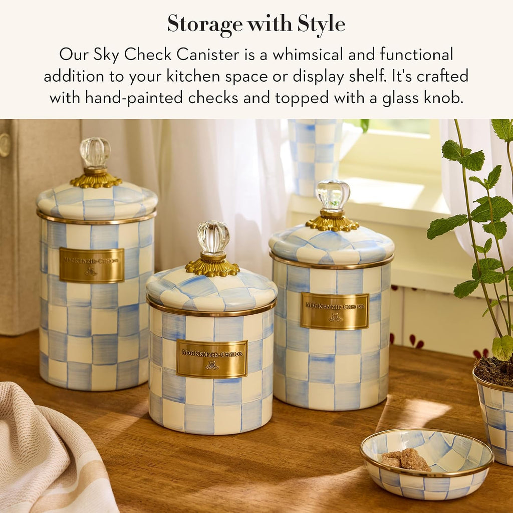 MACKENZIE-CHILDS Enamel Canister, Kitchen Storage Container with Lid, Small, 38-Ounce Capacity, Light-Blue-and-White Sky Check