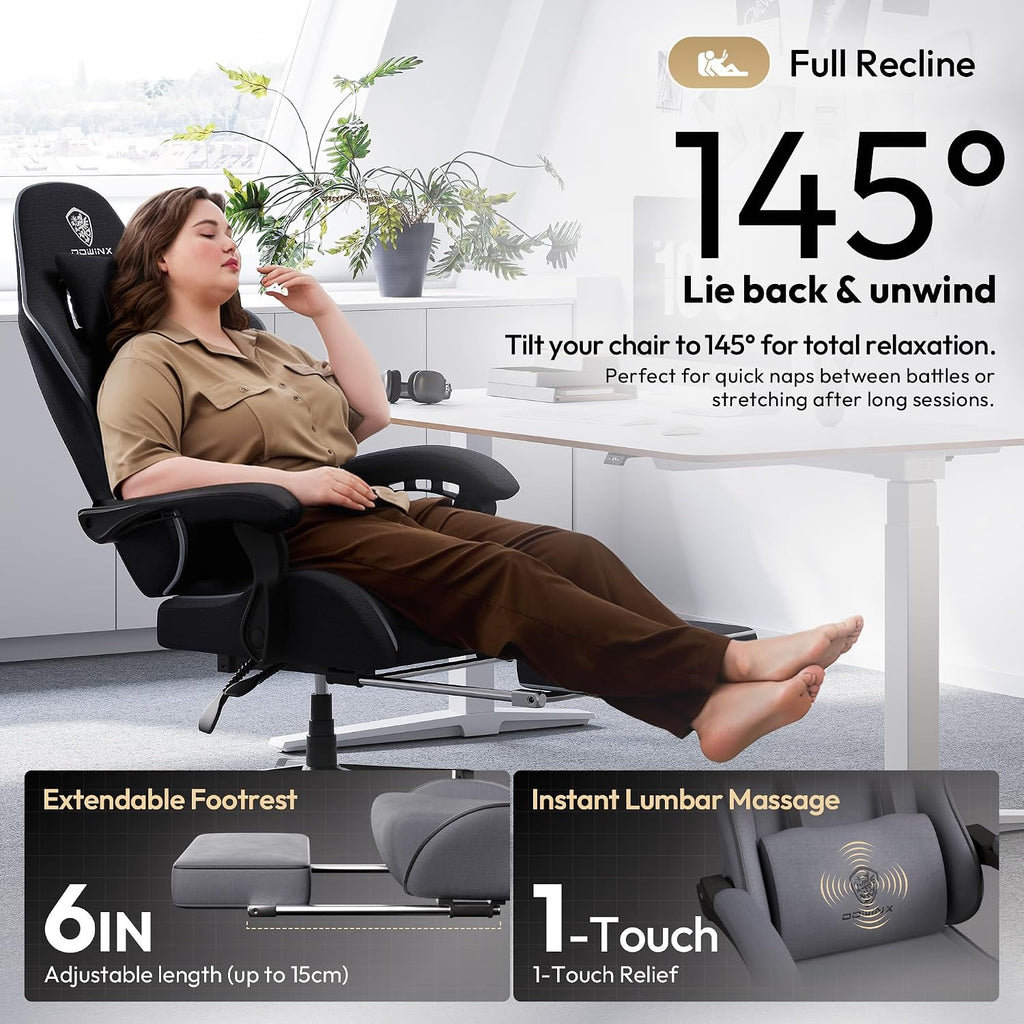 Dowinx Big and Tall Gaming Chair Fabric with Footrest Pocket Spring Cushion for Home Office, High Back Recliner Height Adjustable Ergonomic Comfy Cloth Computer Desk Chair, Black