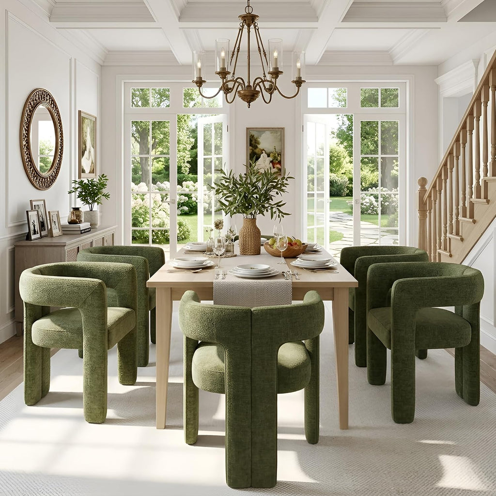 HNY Modern Green Dining Chairs Set of 6, Chenille Upholstered Dining Room Barrel Chairs with Solid Wood Frame, Comfy Accent Kitchen Armchairs with Open Back, Vanity Side Chairs for Living Room Bedroom
