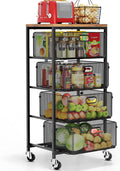 Goovilla Kitchen Cart with Drawers, 4 Tier Metal Rolling Utility Cart Organizer on Lockable Wheels with Wooden Top, Black Fruit Vegetable Storage Rack Also for Cans, Snack, Craft, Art, Office, Beauty