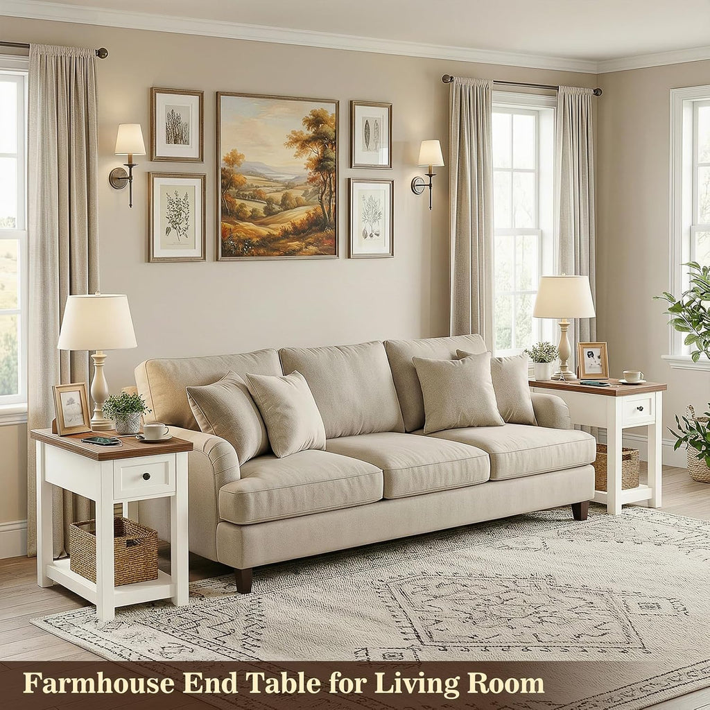 Narrow End Table with Charging Station - Farmhouse Side Table with Drawer, 14" Wide Wood Nightstand Slim Couch Bedside Table for Living Room Bedroom Small Spaces, 2-Tone Antique White & Brown