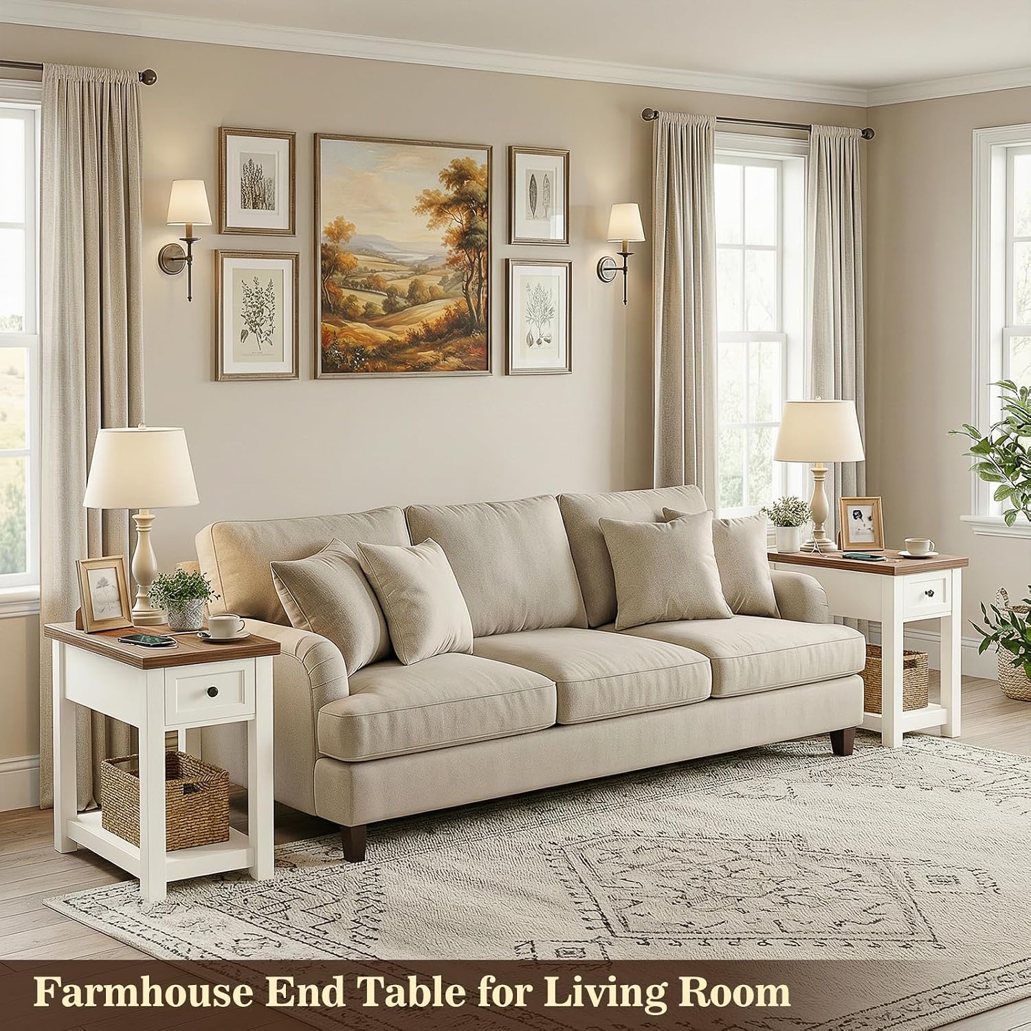 Narrow End Table with Charging Station - Farmhouse Side Table with Drawer, 14" Wide Wood Nightstand Slim Couch Bedside Table for Living Room Bedroom Small Spaces, 2-Tone Antique White & Brown