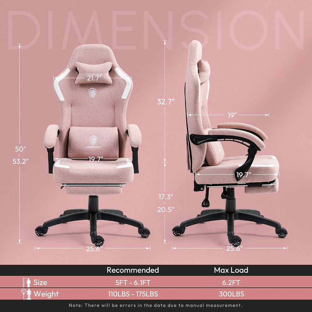 Dowinx Fabric Gaming Chair with Pocket Spring Cushion,Breathable Computer Chair with Massage Lumbar Support and Footrest,High Back Game Office Chair for Adult,Pink