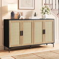 Luoxiao Sideboard Buffet Cabinet with Storage 48" Rattan Coffee Bar Boho Console Table with Adjustable Shelves & 4 Doors, Modern Credenza for Kitchen, Living Room, Entryway, Dining Room, Black
