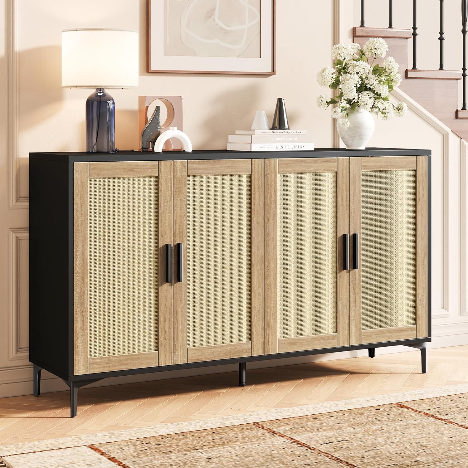 Luoxiao Sideboard Buffet Cabinet with Storage 48" Rattan Coffee Bar Boho Console Table with Adjustable Shelves & 4 Doors, Modern Credenza for Kitchen, Living Room, Entryway, Dining Room, Black