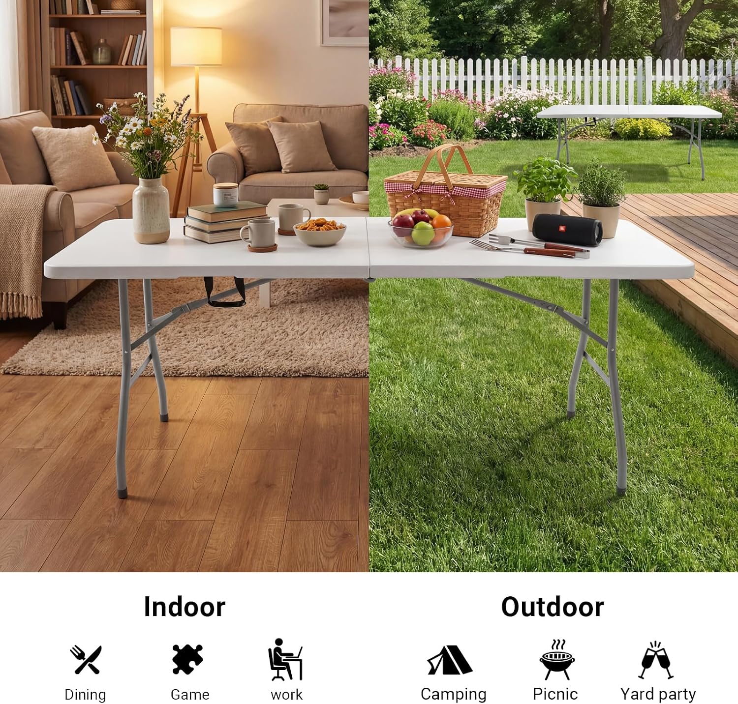 Byliable Folding Table 6ft, Heavy Duty Portable Plastic Fold-in-Half Utility Table with Carrying Handle for Indoor Outdoor, Camping Picnic Party, White