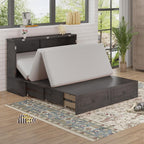 BALUS Queen Murphy Bed, Murphy Cabinet Bed with Tri-Fold Mattress & Storage Drawer, Guest Beds Space Saving Adult Cabinet Murphy Beds with USB Charging Ports for Guest Room Bedroom, Grey
