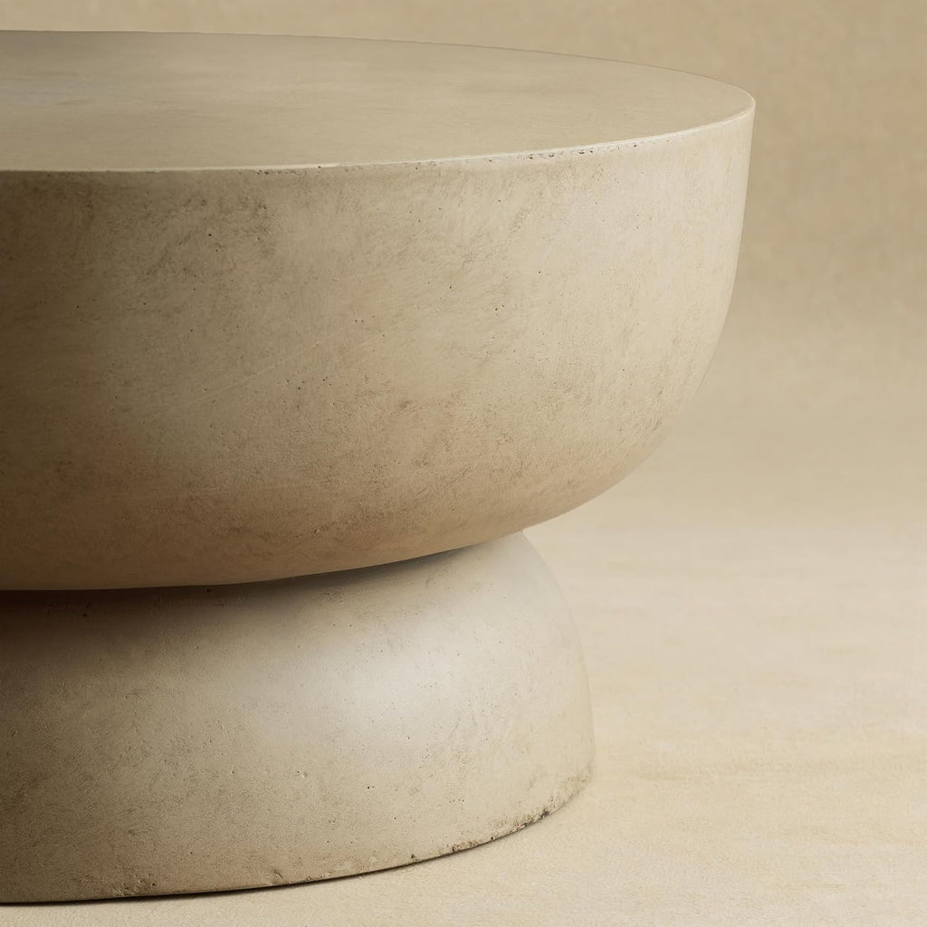 Round End Table, Modern Concrete Side Table with Sculptural Pedestal Base, Low Profile Accent Table for Living Room Bedroom Patio, 23.8" Beige