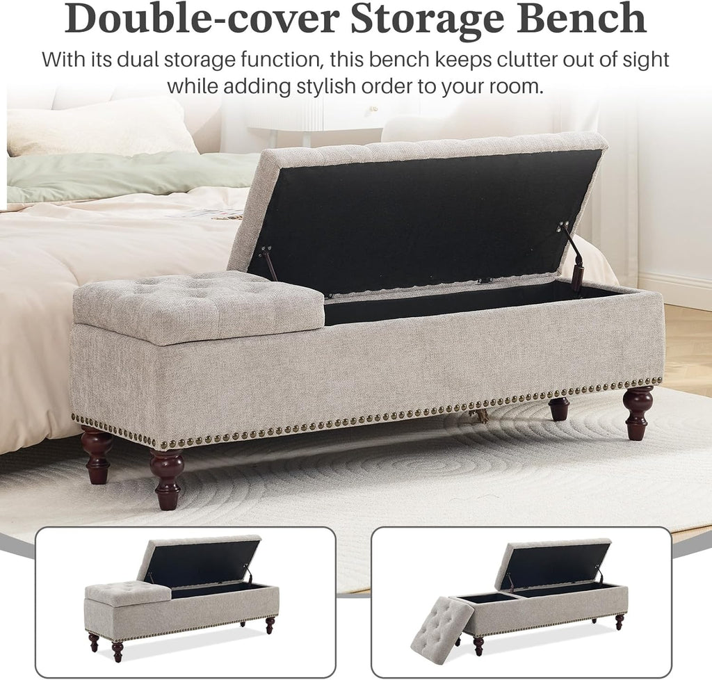 55 Inch Storage Bench for Bedroom, Tufted Upholstered Ottoman with 2 Compartments and Wood Legs, Rectangular End of Bed Bench for King or Queen Size Bed, Light Grey Fabric