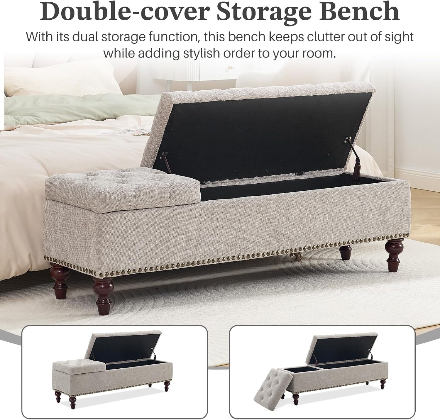 55 Inch Storage Bench for Bedroom, Tufted Upholstered Ottoman with 2 Compartments and Wood Legs, Rectangular End of Bed Bench for King or Queen Size Bed, Light Grey Fabric