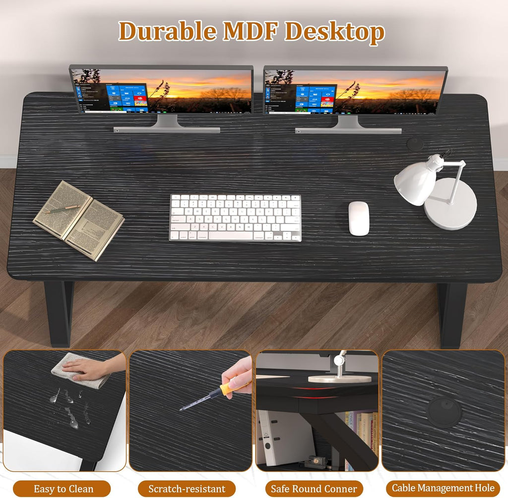 55 inch Computer Desk with Storage Shelf, K-Shaped Office Desk with Sturdy Metal Frame, Writing Gaming Work Desk with Waterproof Surface for Home Office & Bedroom, Black