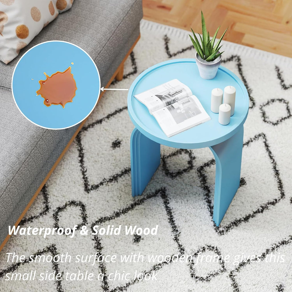 ROCITY Round Side Table, Modern Wood End Table with Sturdy Base, Small Blue Drink Table for Living Room, Bedroom and Small Spaces
