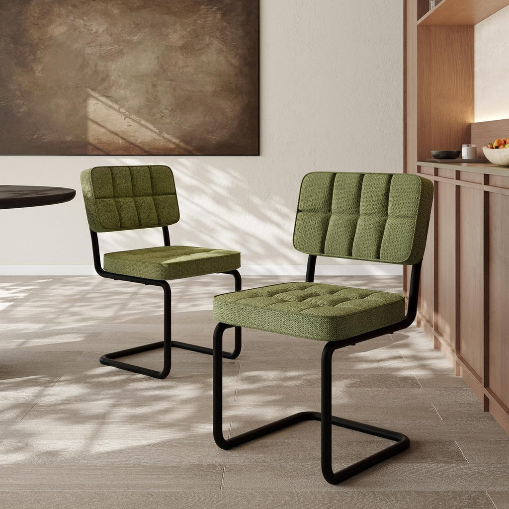 Modern Cantilevered Green Dining Chairs Set of 4, Mid Century Side Dinner Chairs, Armless Backrest, Upholstered Seat, Metal Base, Industrial for Kitchen/Restaurant/Living Room/Cafeteria, Olive