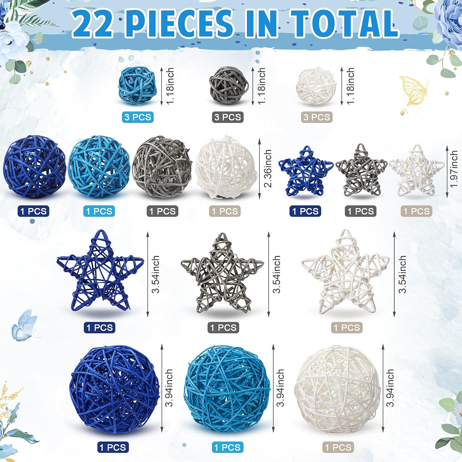Chunful 22 Pcs Decorative Balls for Centerpiece Bowls Wicker Rattan Balls Orbs Vase Fillers for Craft, Party, Wedding Table Decoration, 5 Size, 2 Shapes(Vivid Color)
