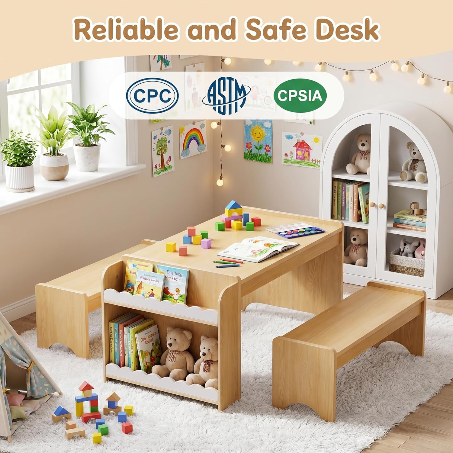 Kids Table and Bench Set, Montessori Kids Table and Chair Set, Indoor Wooden Toddler Activity Table with Bookshelves, 37”X22” Desktop, Children Desk for Home, Classroom, Boys, Girls (Natural)