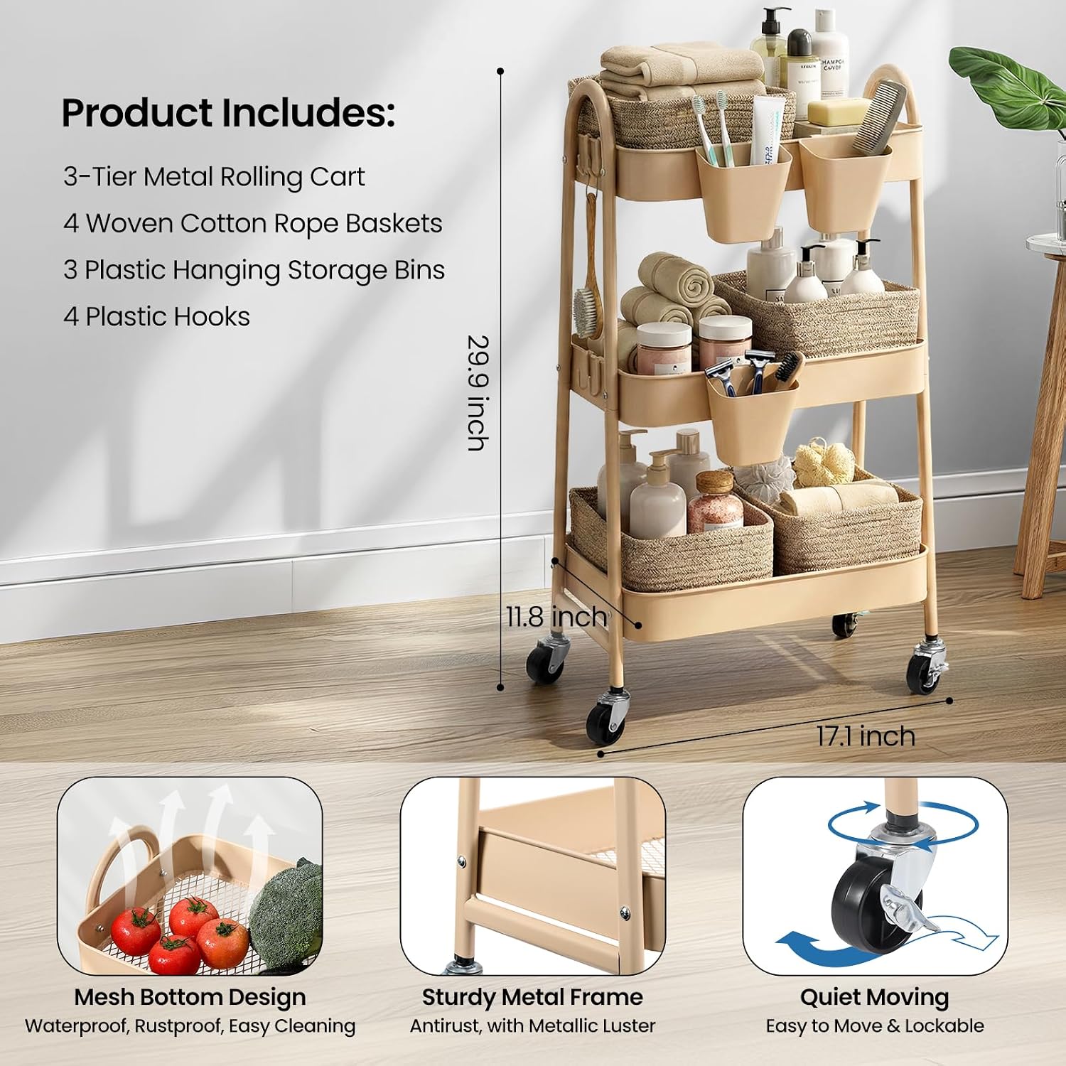 3-Tier Rolling Utility Cart with 4 Woven Baskets, Diaper Book Snack Cart, Storage Organizer for Nursery, Kitchen, Craft Room, Home SPA, Living Room, Metal Frame Trolley on Lockable Wheels, Brown