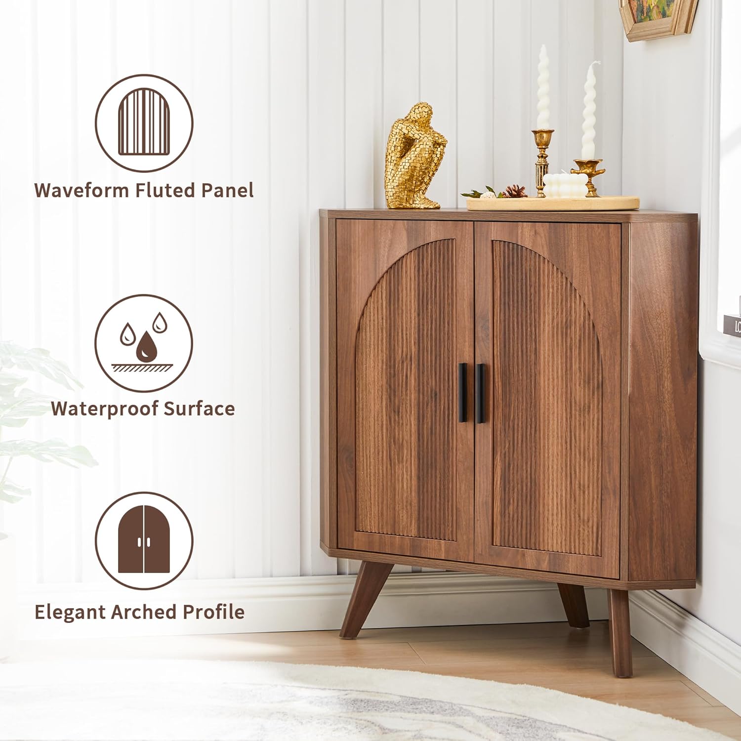 BERRYMERRY Fluted Corner Cabinet with Storage,Space Saving Corner Floor Cabinet with Adjustable Shelve & Arched Profile Door for Living Room Kitchen Bathroom (Brown, 15.7”D x 31.5”W x 30.7”H)