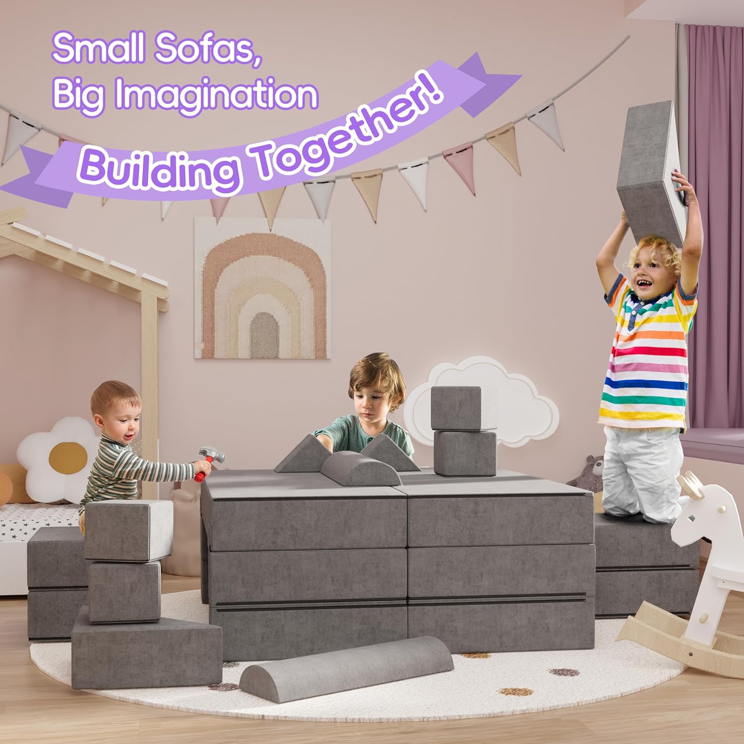 Betterhood Modular Kids Play Couch, Convertible Foam Couch for Toddlers, Child Sectional Kids Sofa for Playroom Bedroom, Grey