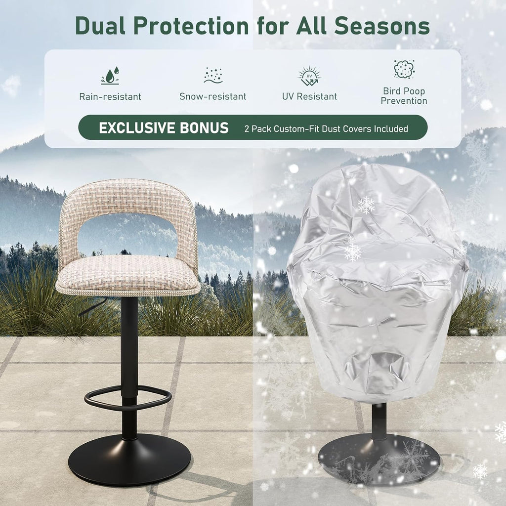 Furnimart Outdoor Bar Stools Set of 2 with Covers Waterproof, Adjustable Patio Stools with Hollow Back, Counter Height Swivel Chairs for Garden, Yard, All-Weather Textilene Fabric, Linen Plaid