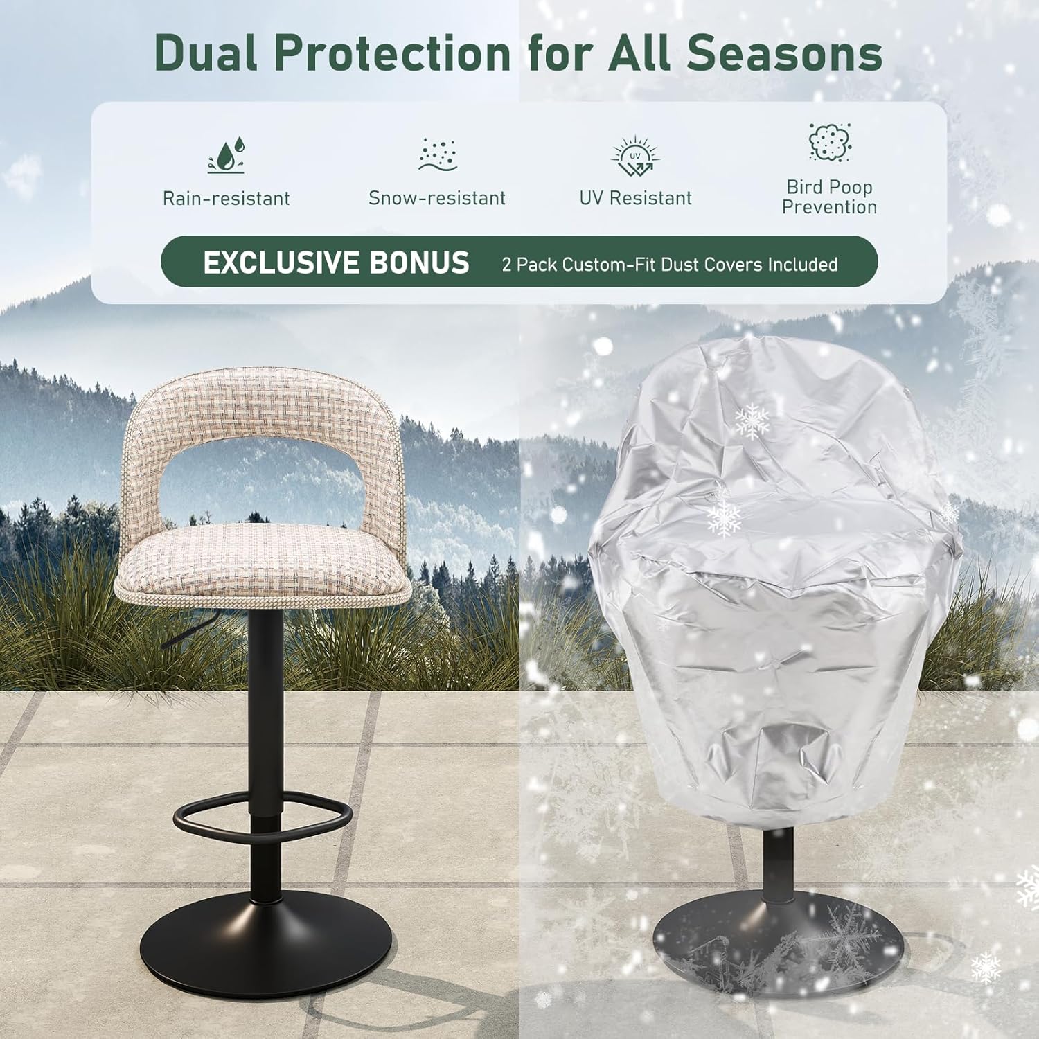 Furnimart Outdoor Bar Stools Set of 2 with Covers Waterproof, Adjustable Patio Stools with Hollow Back, Counter Height Swivel Chairs for Garden, Yard, All-Weather Textilene Fabric, Linen Plaid