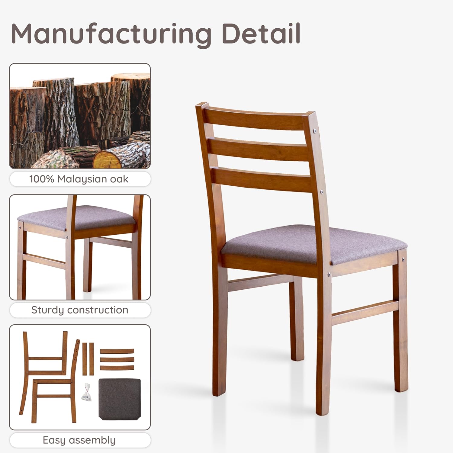 Livinia Seattle Modern Farmhouse Kitchen Dining Room Chair Set of 4, Solid Wood Fabric Upholstered Cushion Seat Wood Ladder Back Chairs (Antique)