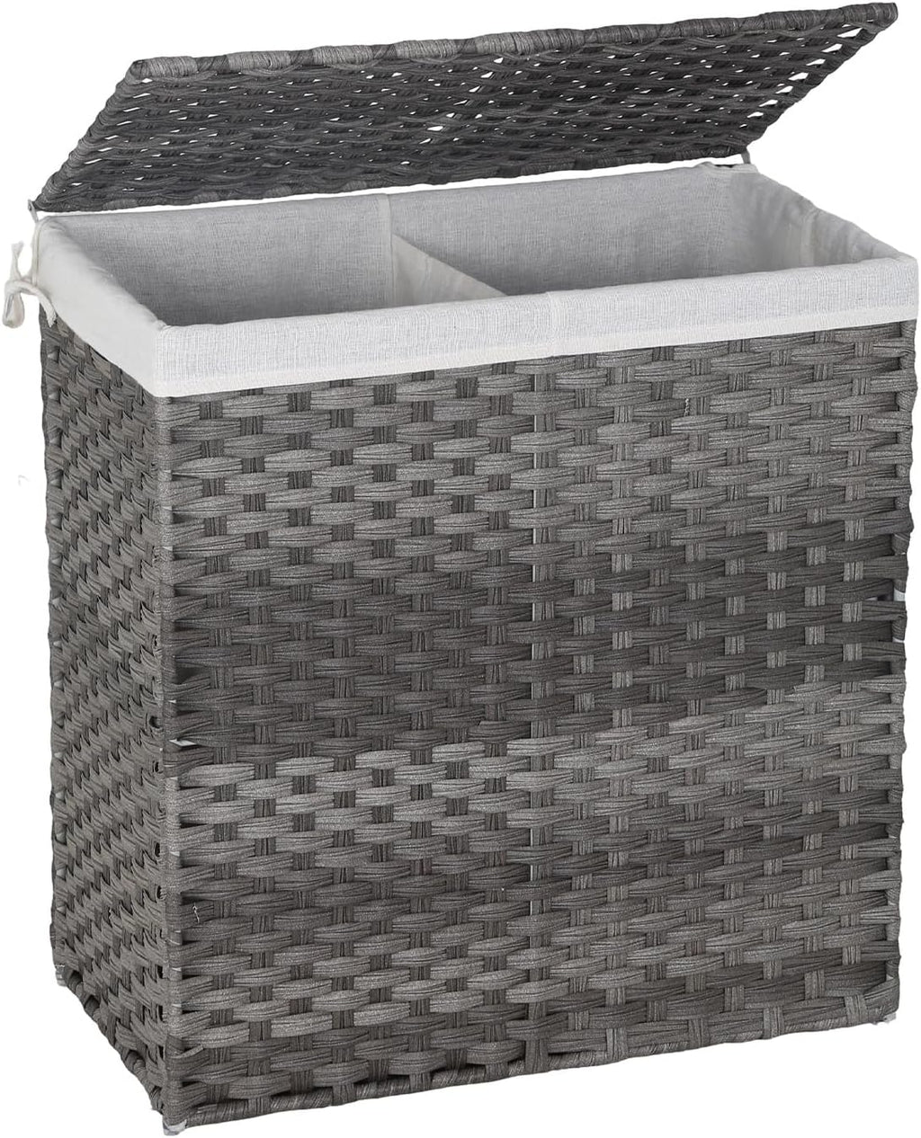 FDW Handwoven Laundry Hamper with Lid, 110L Foldable Rattan Clothes Basket with 2 Removable Liners & 6 Mesh Laundry Bags for Bathroom Bedroom, Grey