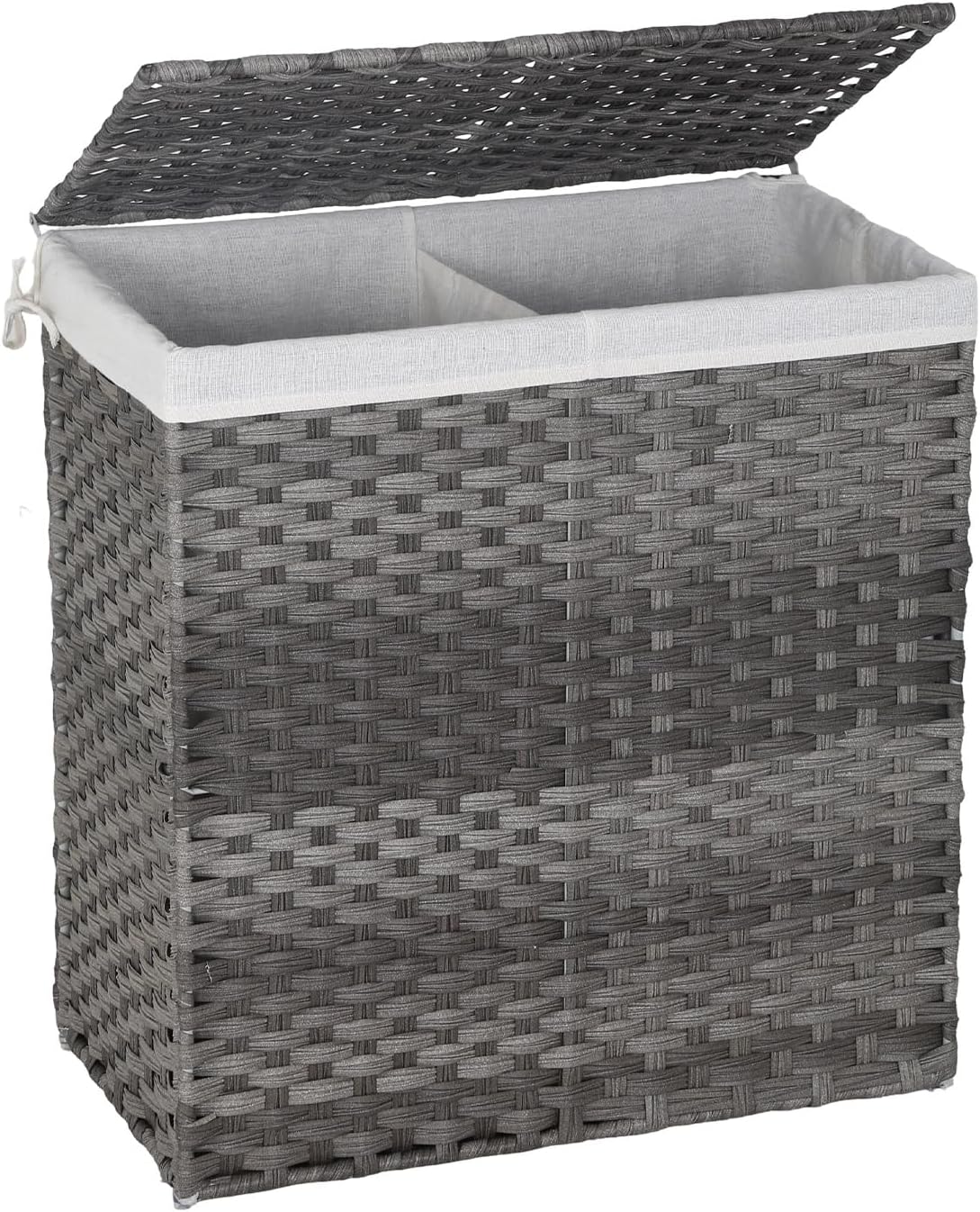 FDW Handwoven Laundry Hamper with Lid, 110L Foldable Rattan Clothes Basket with 2 Removable Liners & 6 Mesh Laundry Bags for Bathroom Bedroom, Grey
