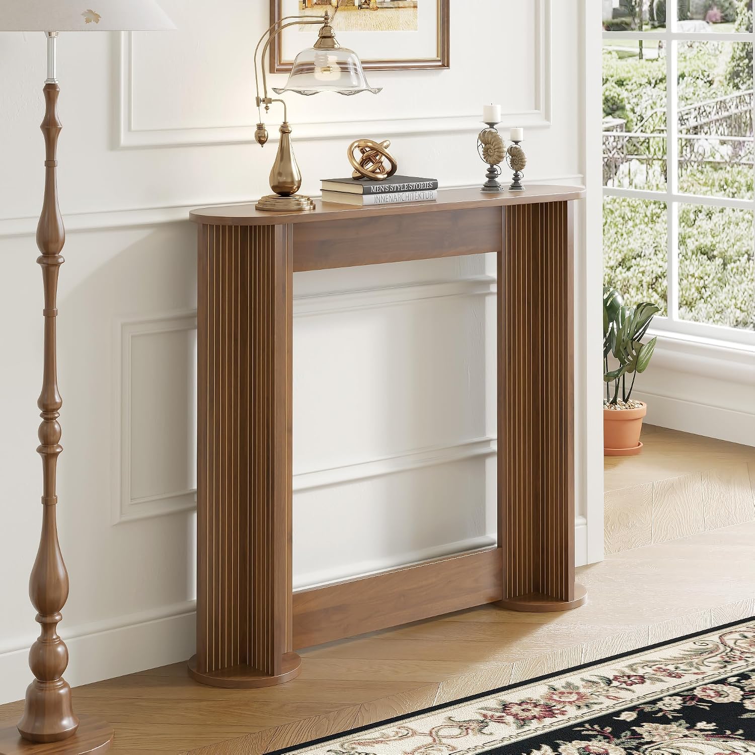 35 Inch Small Narrow Console Table Behind Couch, Mid-Century Modern Fluted Skinny Entryway Table, Slim Sofa Table for Hallway, Living Room, Wood, Brown, Walnut