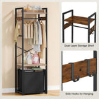 Space-Saving Coat Rack with Tilt Out Laundry Basket, Clothes Garment Rack with Shelves, X-Shaped Sturdy Structure Freestanding Hall Tree Laundry Hamper for Bedroom Laundry Room Bathroom, Brown