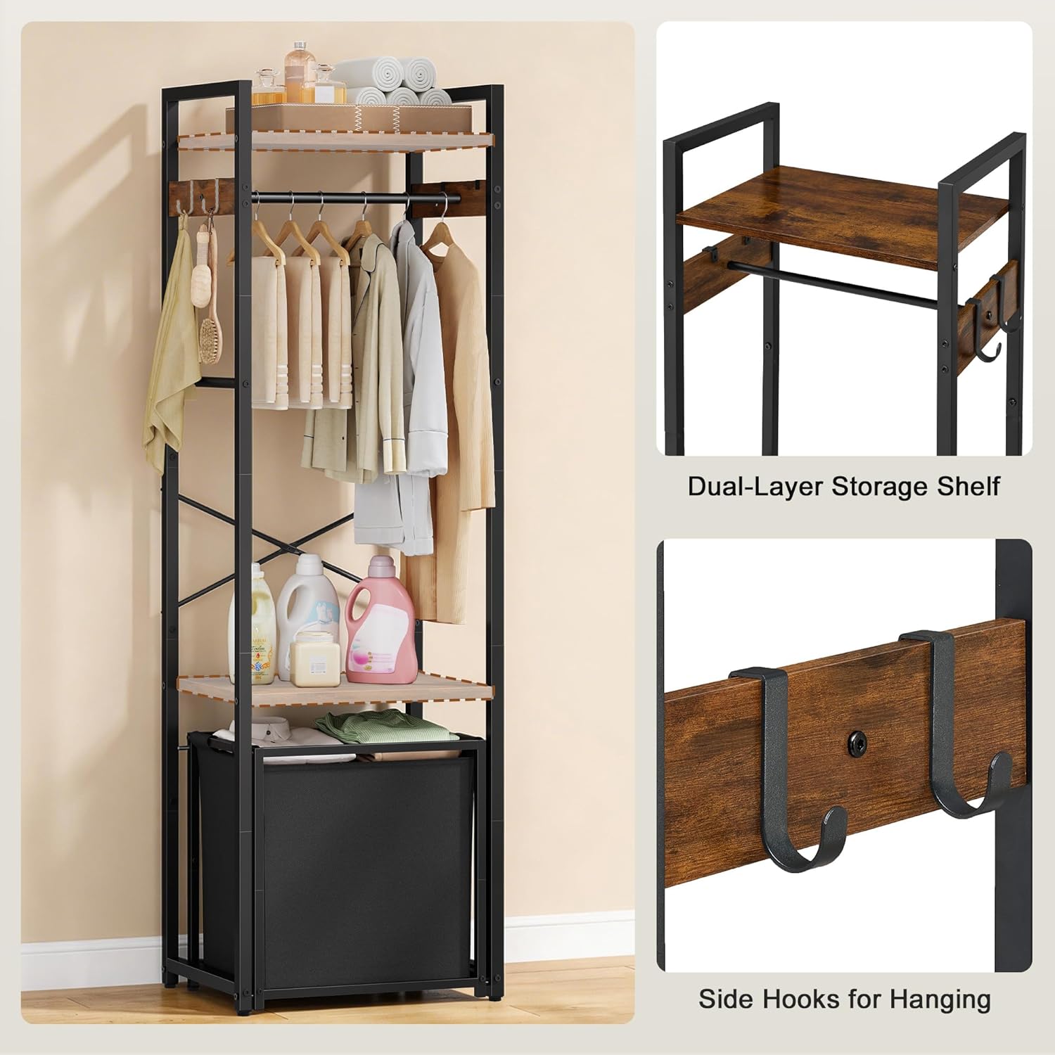 Space-Saving Coat Rack with Tilt Out Laundry Basket, Clothes Garment Rack with Shelves, X-Shaped Sturdy Structure Freestanding Hall Tree Laundry Hamper for Bedroom Laundry Room Bathroom, Brown