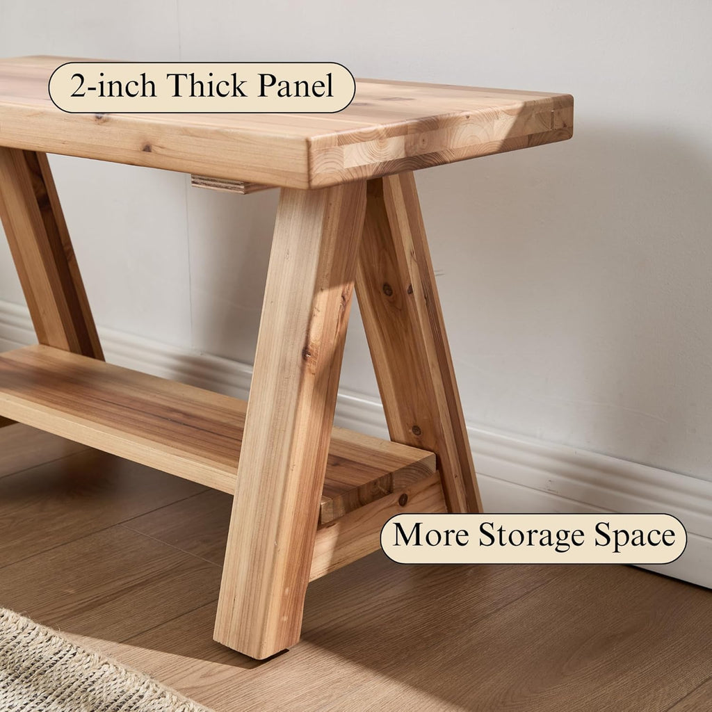 30" Entryway Bench with Storage Farmhouse Narrow Dining Bench Shoe Rack Small Wooden Benches Holds up to 300lbs for Hallway Living Room Dining Room Bedroom，2 Tiers, Natural
