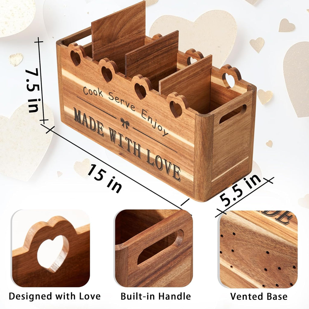 Kitchen Utensil Holder, Large Acacia Wood Organizer for Countertop | Extra Large Farmhouse Style with 4 Compartments, Rustic Wooden Storage for Cooking Tools & Cutlery
