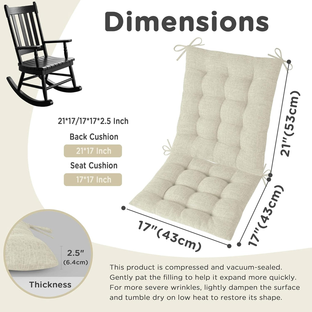 AddGrace Rocking Chair Cushions Indoor Tufted Cushions for Rocking Chairs with Ties Comfortable Textured Fabric Set of Seat & Back Cushion 21x17/17x17 Ivory