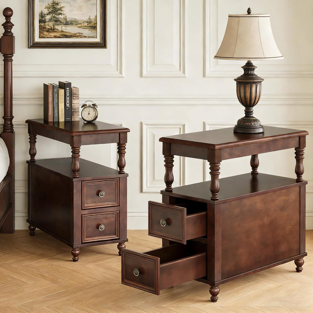 Tribesigns Solid Wood End Table, Vintage Side Table with 2 Drawers & 2-Tier Open Shelf, Mid-Century Nightstand, Slim Bedside Table for Small Space, Bedroom, Living Room, Cherry Finish, 2Pcs