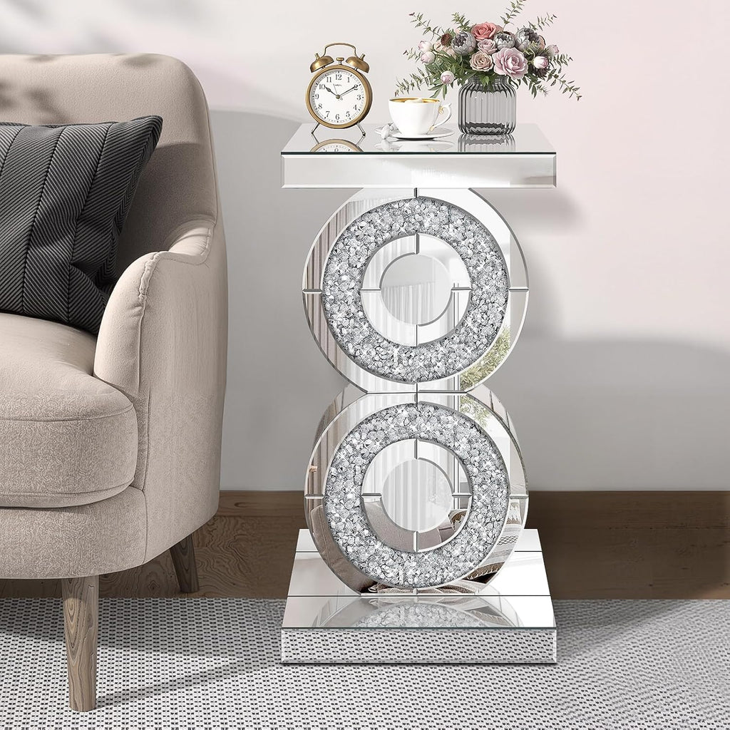 Pregaspor Crushed Diamond Mirrored End Table, Unique Side Table with Crystal Inlay,Coffee Table for Living Room Bedroom