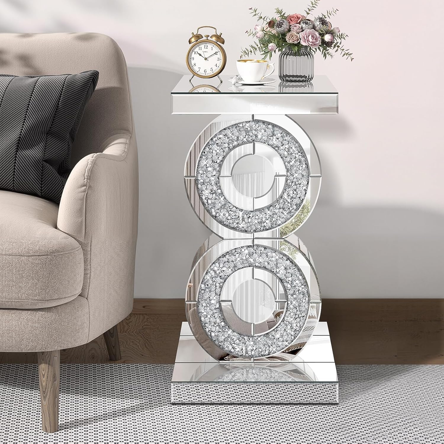 Pregaspor Crushed Diamond Mirrored End Table, Unique Side Table with Crystal Inlay,Coffee Table for Living Room Bedroom