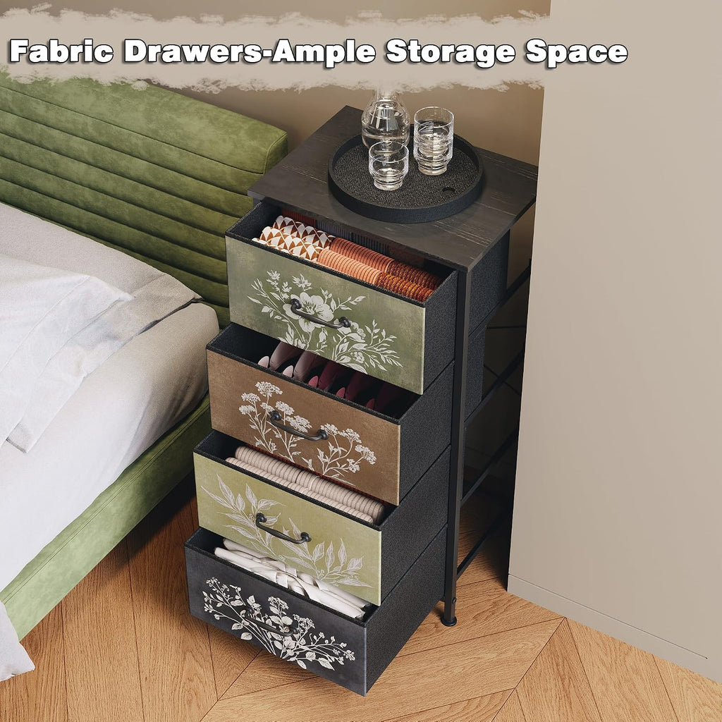Tohomeor Vintage Floral Narrow 4 Drawers Dresser Nightstand Side Table | Retro Boho Dresser Fabric Drawers for Closet Living Room Bedroom Dorm Convenient Storage Organizer Botanical
