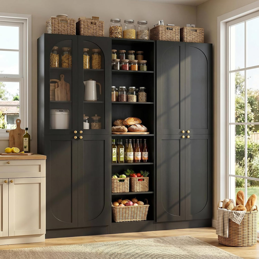 Cyclysio 80" Tall Pantry System with Tempered Glass Doors, Arched Corner Pantries with 6-Tier Open Shelves, Wooden Storage Organizer Cabinets for Living Room, Kitchen, Bathroom