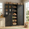 Cyclysio 80" Tall Pantry System with Tempered Glass Doors, Arched Corner Pantries with 6-Tier Open Shelves, Wooden Storage Organizer Cabinets for Living Room, Kitchen, Bathroom