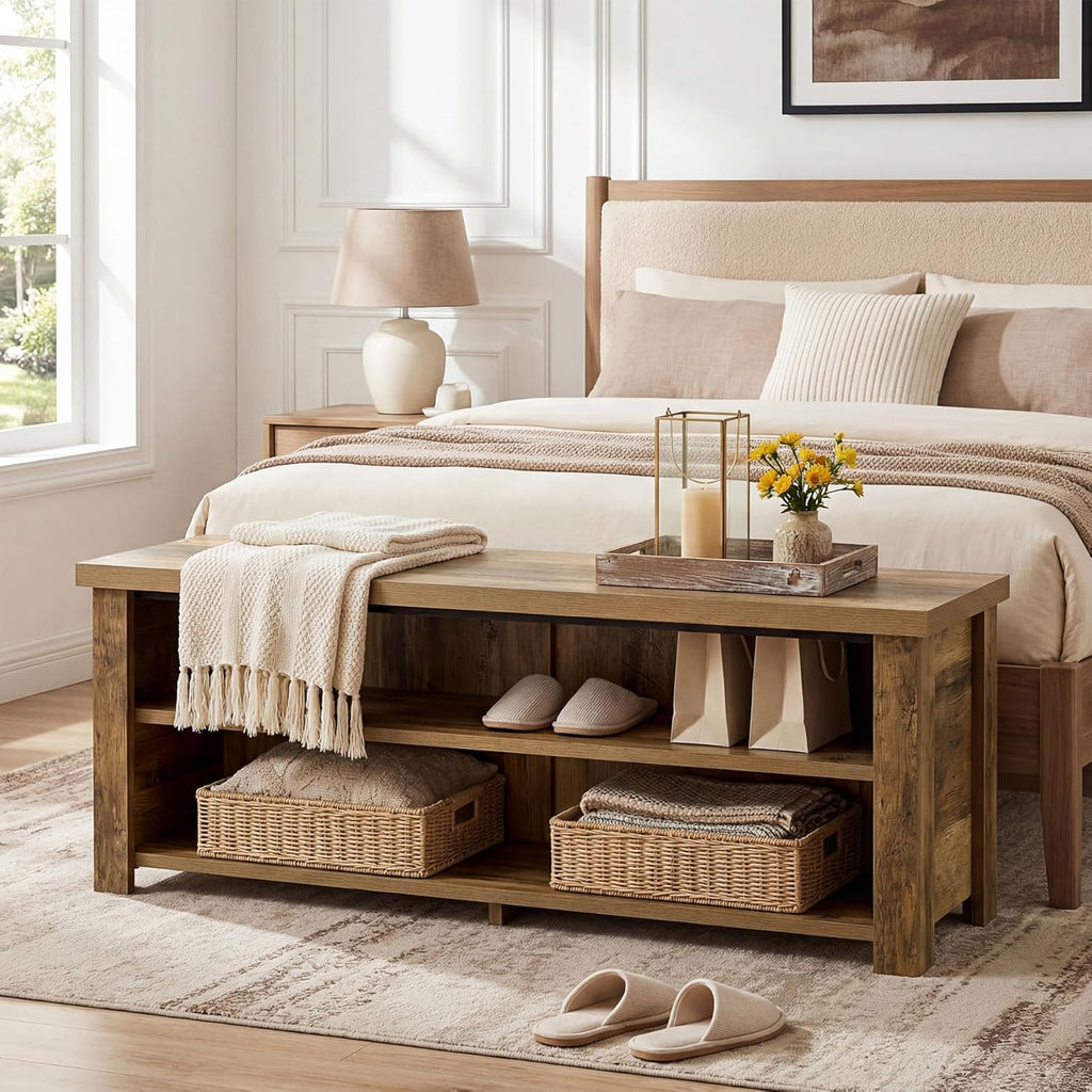 Tribesigns 55.12" Entryway Bench with Storage, Farmhouse Shoe Storage Bench with 2-Tier Shelves, Shoe Rack for Entryway, Hallway, Mudroom, Bedroom, Rustic Brown