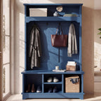 Hall Tree with Bench and Shoe Storage, Entryway Hall Tree, Large Mudroom Bench with Coat and Shoe Rack, 5+ Hooks, Multi Shoe Cubbies & Top Shelf, Sturdy Storage Bench,Blue