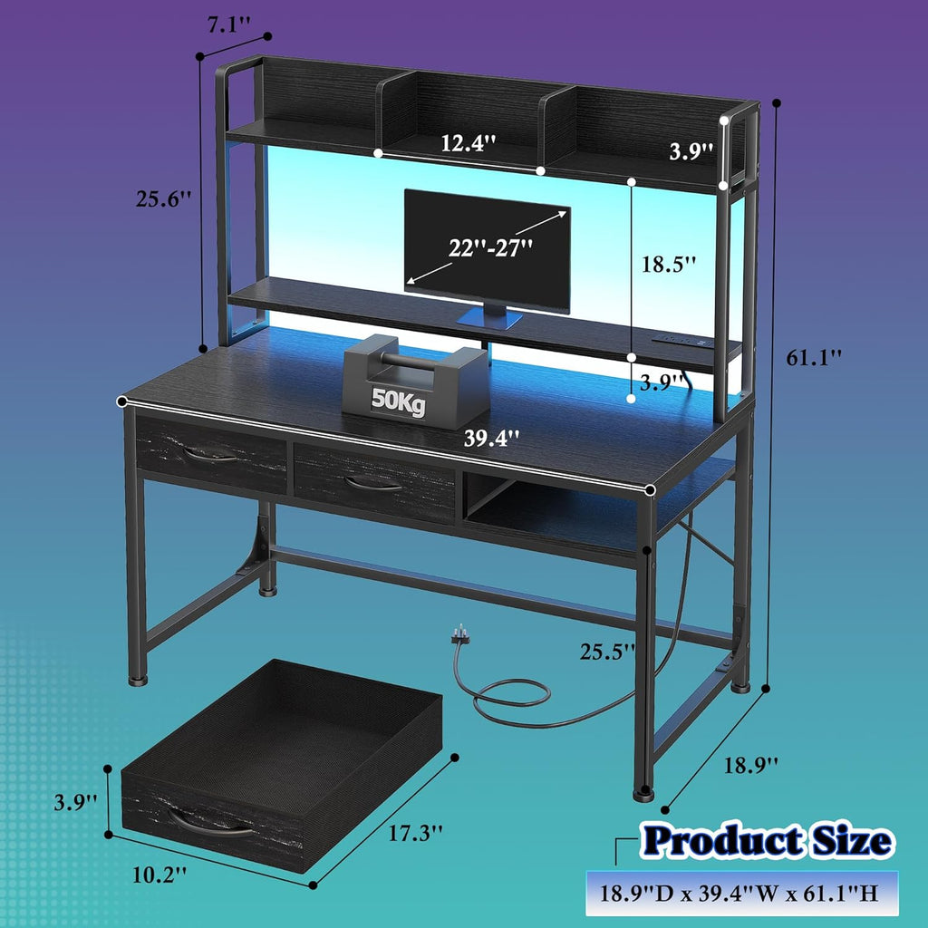 DurayLoly 39.4" Computer Desk with Hutch & Monitor Stand,Gaming Desk with Shelves & Drawers, Writing Desk with LED &Power Outlet,Office Desk,Study Desk for Bedroom Home Office,Small Space,Black