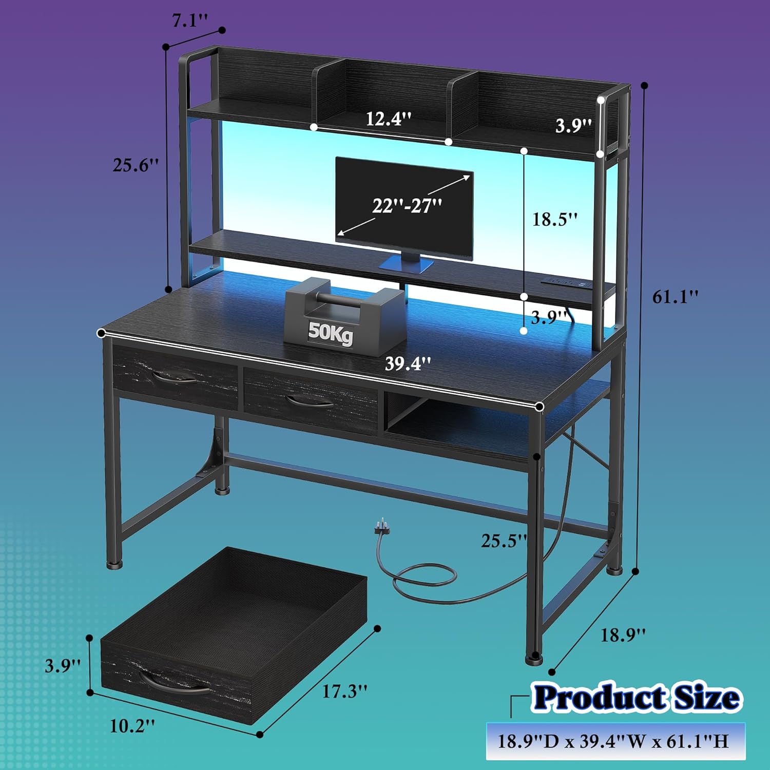 DurayLoly 39.4" Computer Desk with Hutch & Monitor Stand,Gaming Desk with Shelves & Drawers, Writing Desk with LED &Power Outlet,Office Desk,Study Desk for Bedroom Home Office,Small Space,Black