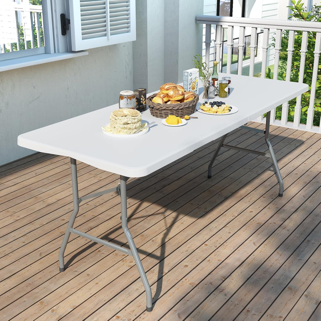 6FT Folding Table, Plastic Foldable Table for Indoor Outdoor, Heavy Duty Portable Dinning Tables with Carrying Handle, Utility Tables for Party, Camping, Banquet, Wedding, Events, Picnic, White