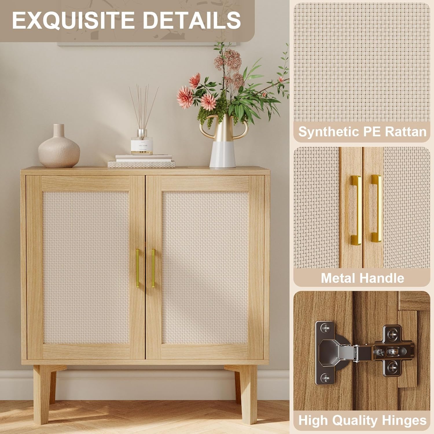 EVLIQUIL 32.2" Rattan Sideboard Cabinet, Modern Accent Storage Cabinet with Adjustable Shelf and Solid Wood Legs for Kitchen, Living Room, Entryway, Natural Oak