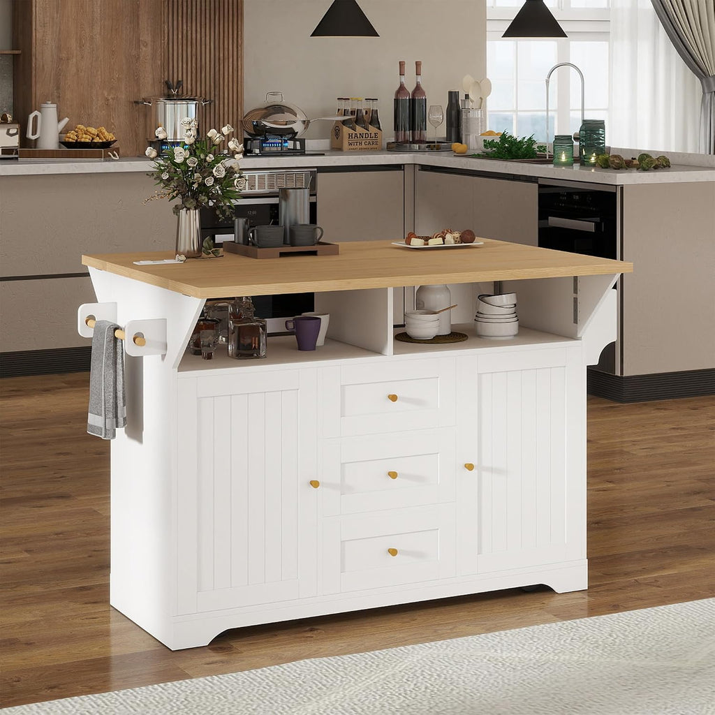 JIJIWANG Multifunctional Extendable Kitchen Island Cart with with Towel Rack,Spice Rack Shelf US Standard Outlet, 47 * 18 * 36inch,5 Wheels Mobile Kitchen Storage Cabinet,1 inchThick Top Board,White
