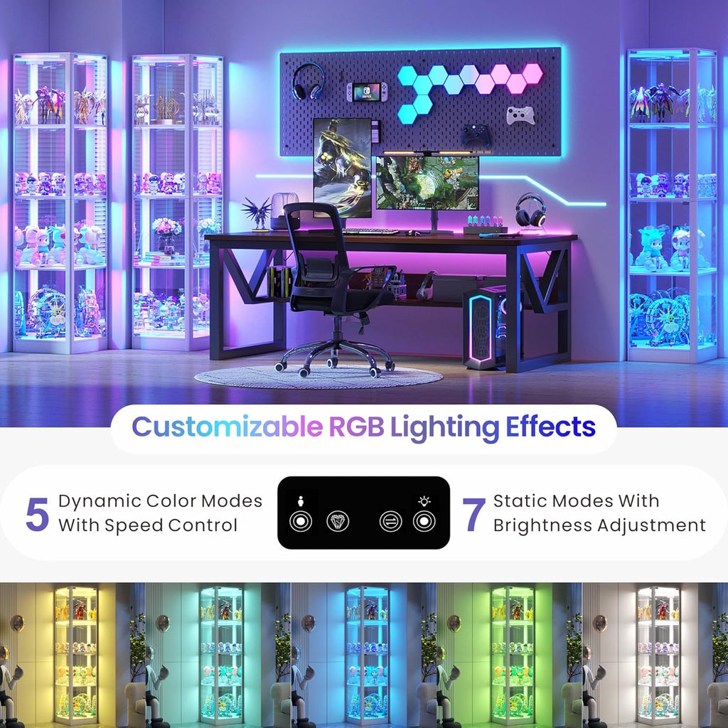 Corner Glass Display Cabinet with RGB Lights, 68" Curio Cabinet with Glass Doors, 4-Tier Display Case for Collectibles, Lighted Display Shelf for Living Room Bedroom, White