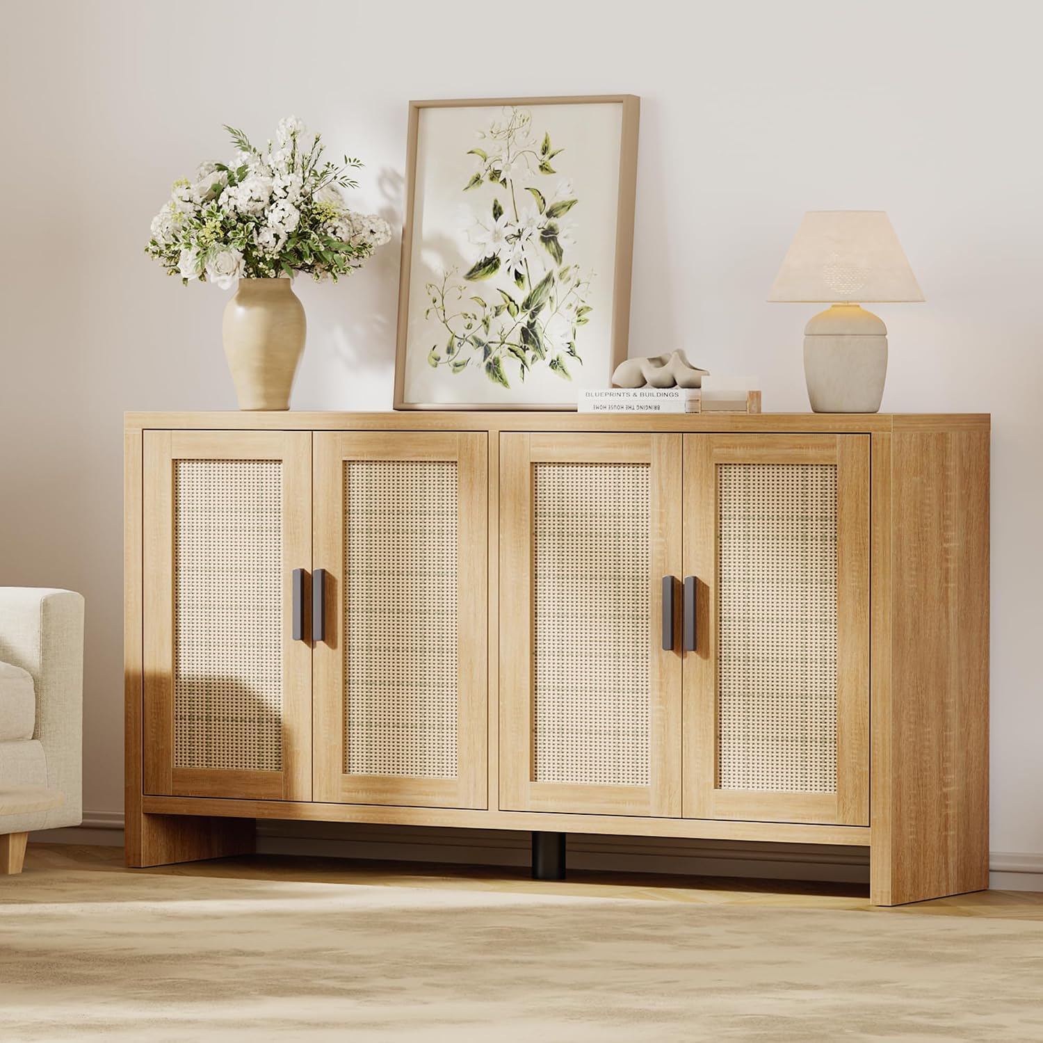 Mericonia Rattan Buffet Cabinet with Storage, Sideboard Cabinet with Doors and Adjustable Shelves, Farmhouse Coffee Bar Station Table, Modern Wood Cupboard for Kitchen, Livingroom and Dining Room