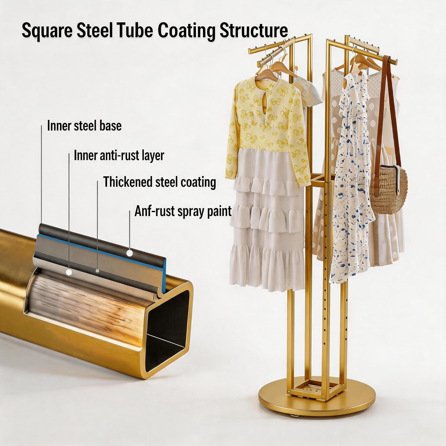 HKaikzo 360° Gold Rotating Coat Rack, Heavy Duty Metal Garment Rack Height-adjustable, Suitable for Both Adults and Children, Freestanding Clothing Rack for Hanging Clothes, for Bedroom, Retail Store