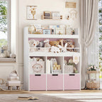 HITHOS Kids Toy Storage Organizer with Bookshelf, Multifunctional Book Shelf with 3 Movable Toy Organizers for Kids Room, Kids Bookcase and Toy Box, Toy Storage Chest for Playroom, Pink